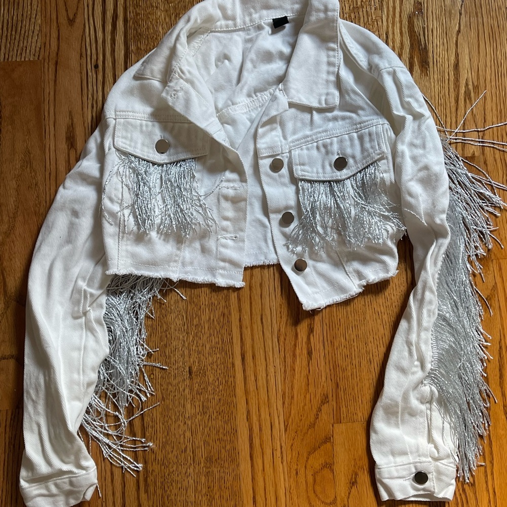 White Denim Fringe Jacket